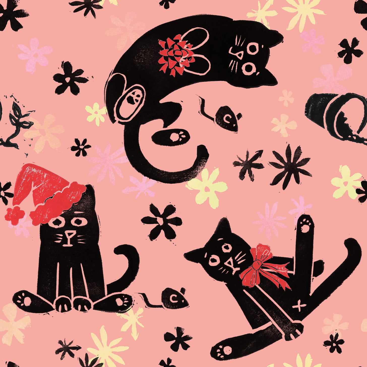 Pink background with linocut printed flowers in black, pink, orange, and yellow. Black cats with red Christmas bows and Santa hats.