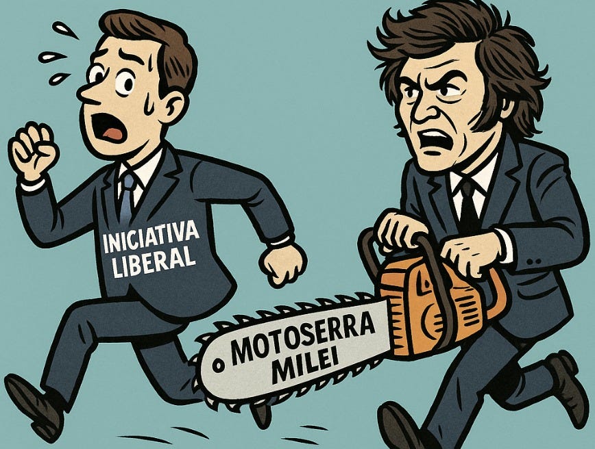 Pode ser uma ilustração de ‎mota e a ‎texto que diz "‎$ INICIATIVA INIGERAL LIBERAL MOTOSERRA MOTOSERRA MILEI بتي 副‎"‎‎