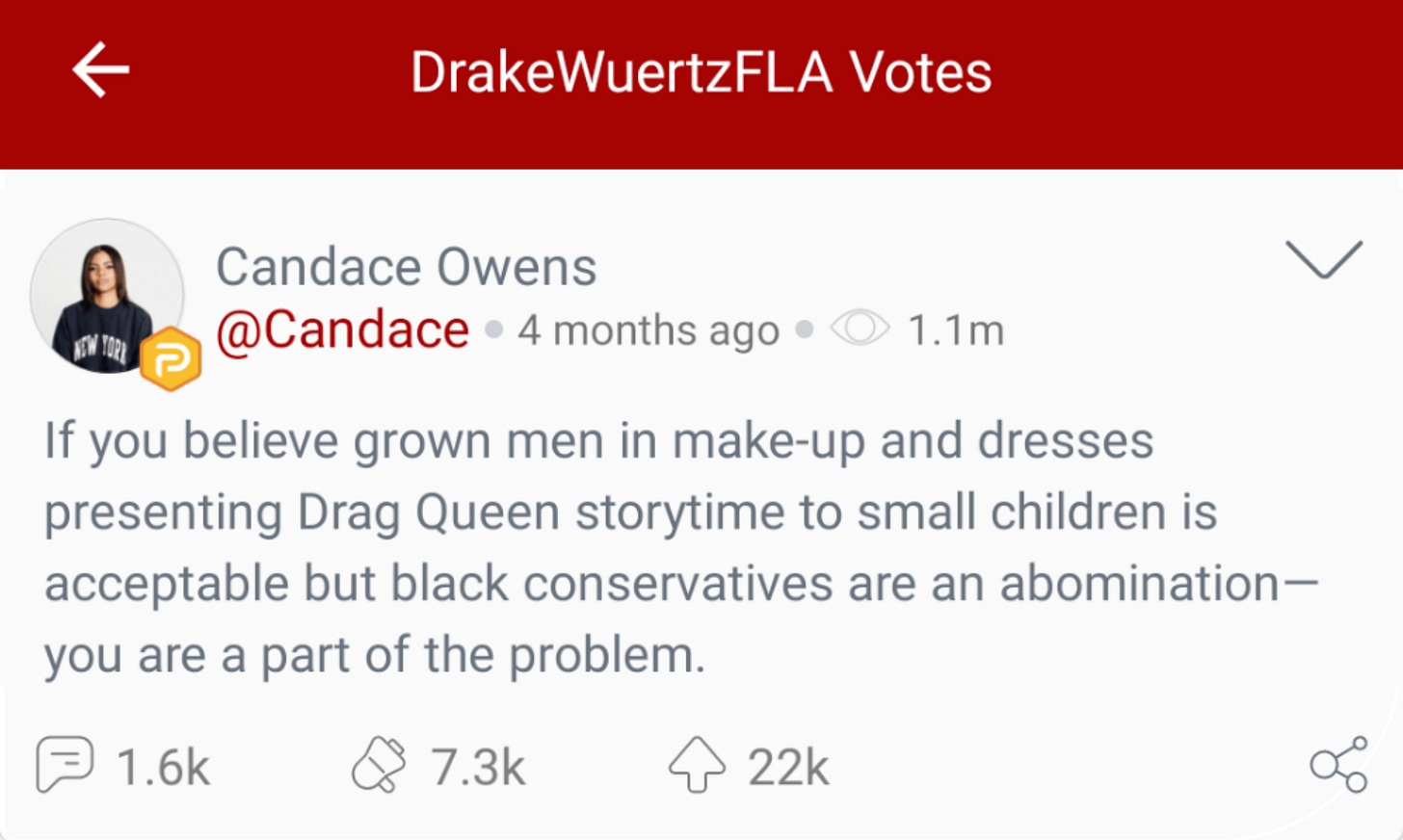 @DrakeWuertzFLA “votes” a Candace Owens post about “Drag Queet Story Time” on Parler. (Image: Parler screenshot.) @DrakeWuertzFLA “votes” a Candace Owens post about “Drag Queet Story Time” on Parler. (Image: Parler screenshot.)