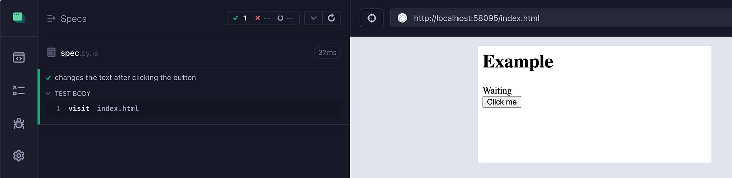 Initial Cypress browser with passing test. Initial Cypress browser with passing test.