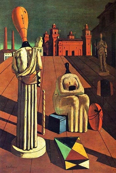 This painting is titled "The Disquieting Muses" (1918), one of de Chirico’s most iconic metaphysical works. It features mannequin-like figures set in a dreamlike, classical landscape with exaggerated perspective and enigmatic shadows. The eerie stillness, architectural ruins, and symbolic objects (like the mask and wheel) contribute to the painting’s haunting, uncanny atmosphere — hallmarks of de Chirico’s influence on the Surrealist movement.