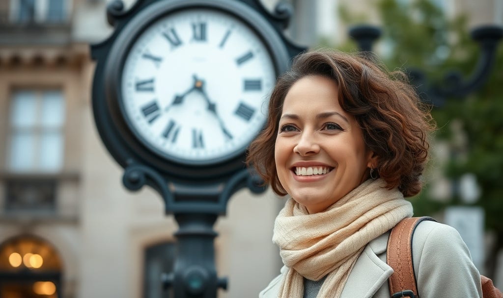 happy woman with public clock in background happy woman with public clock in background