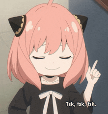 a girl with pink hair is smiling and pointing up with tsk tsk tsk a girl with pink hair is smiling and pointing up with tsk tsk tsk