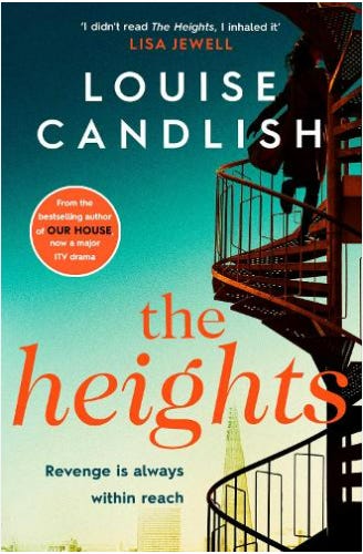 Book cover of The Heights by Louise Candlish, image shows a figure in silhouette on a fire-escape stairwell