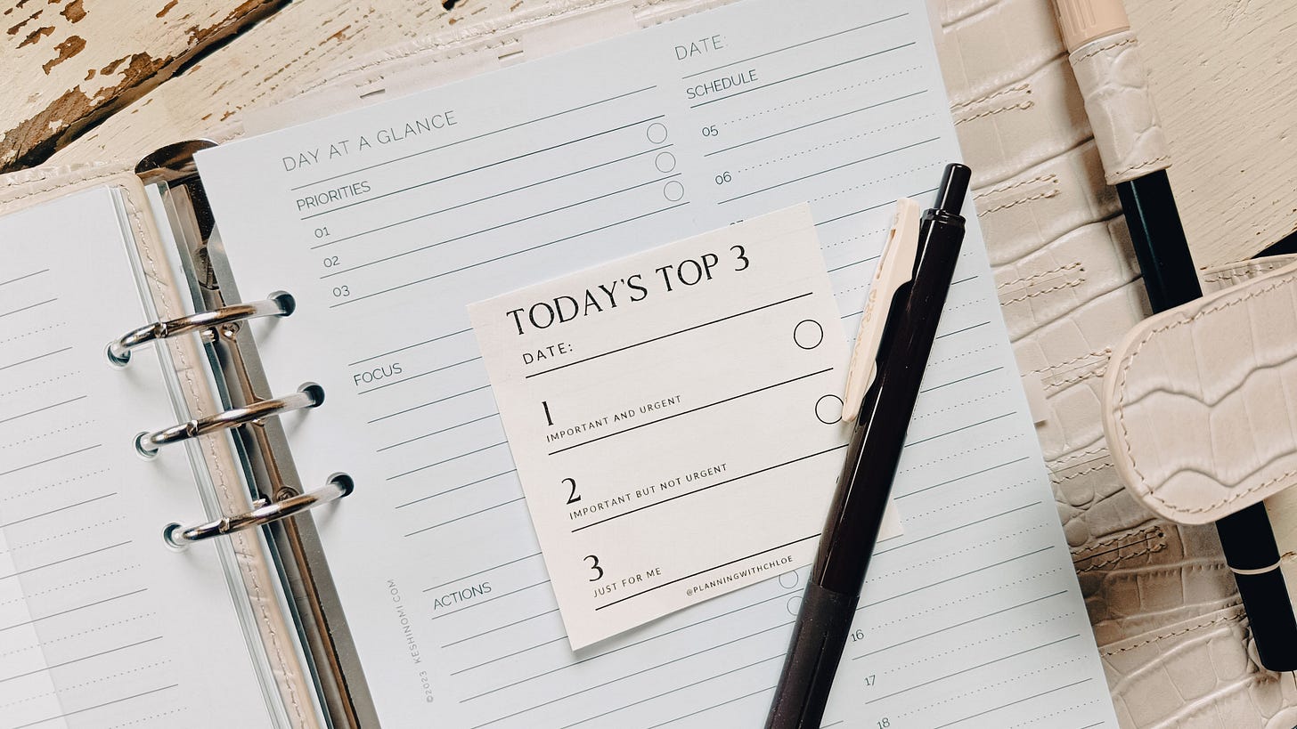 Chloe's planner set-up showing a areas where she can log 3 daily goals for "wins" Chloe's planner set-up showing a areas where she can log 3 daily goals for "wins"