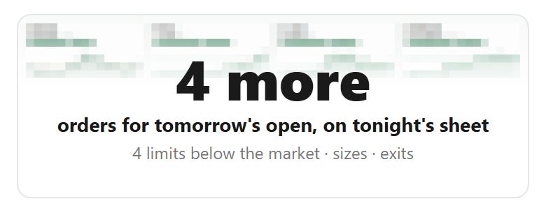 4 more orders for tomorrow's open on tonight's sheet, shown blurred.