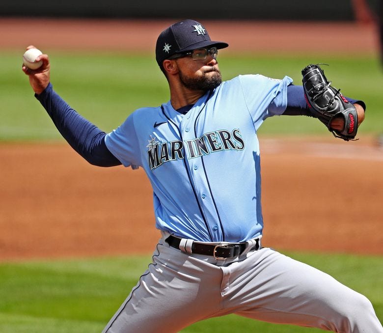 Isaiah Campbell took the mound during a Mariners intrasquad game on Sunday at T-Mobile Park.  (Ken Lambert / The Seattle Times)