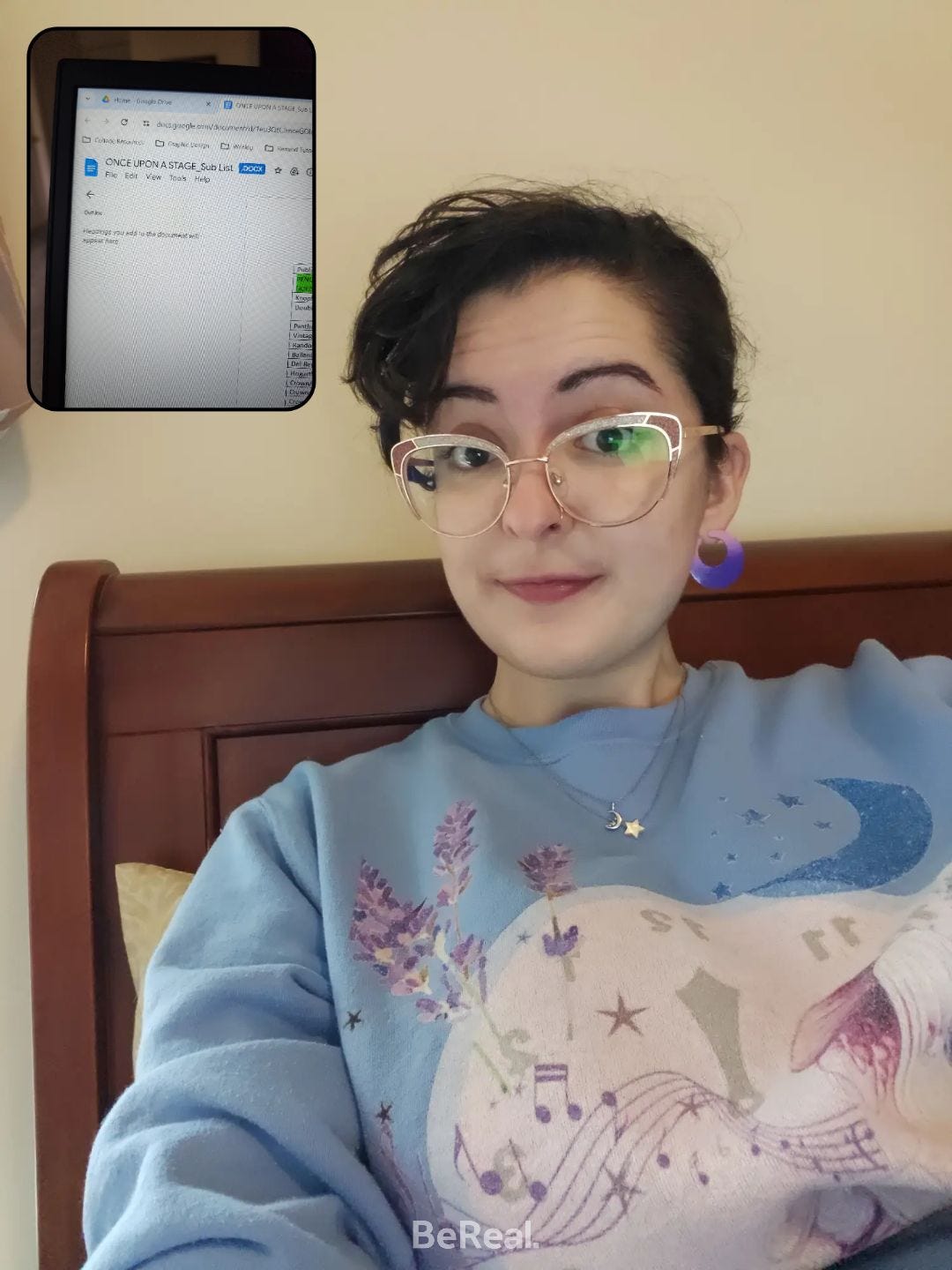 a BeReal of Kate looking at her submission list spreadsheet