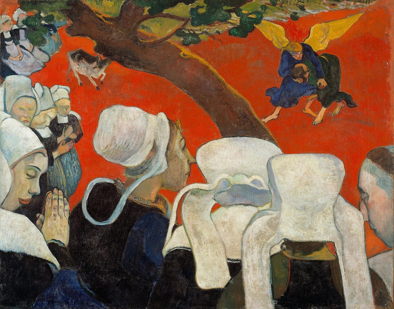 Gauguin painting of Breton women in white caps watching Jacob wrestle an angel on a red field Gauguin painting of Breton women in white caps watching Jacob wrestle an angel on a red field