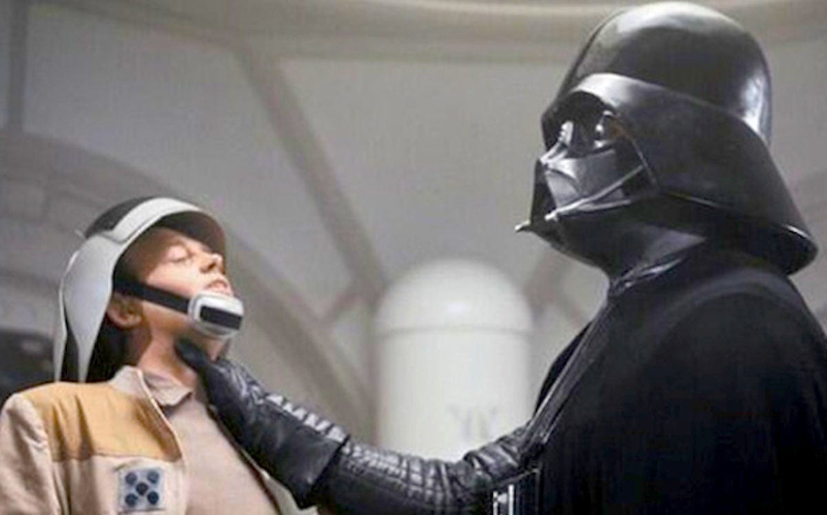 Darth Vader choking a Rebel Alliance soldier in A New Hope