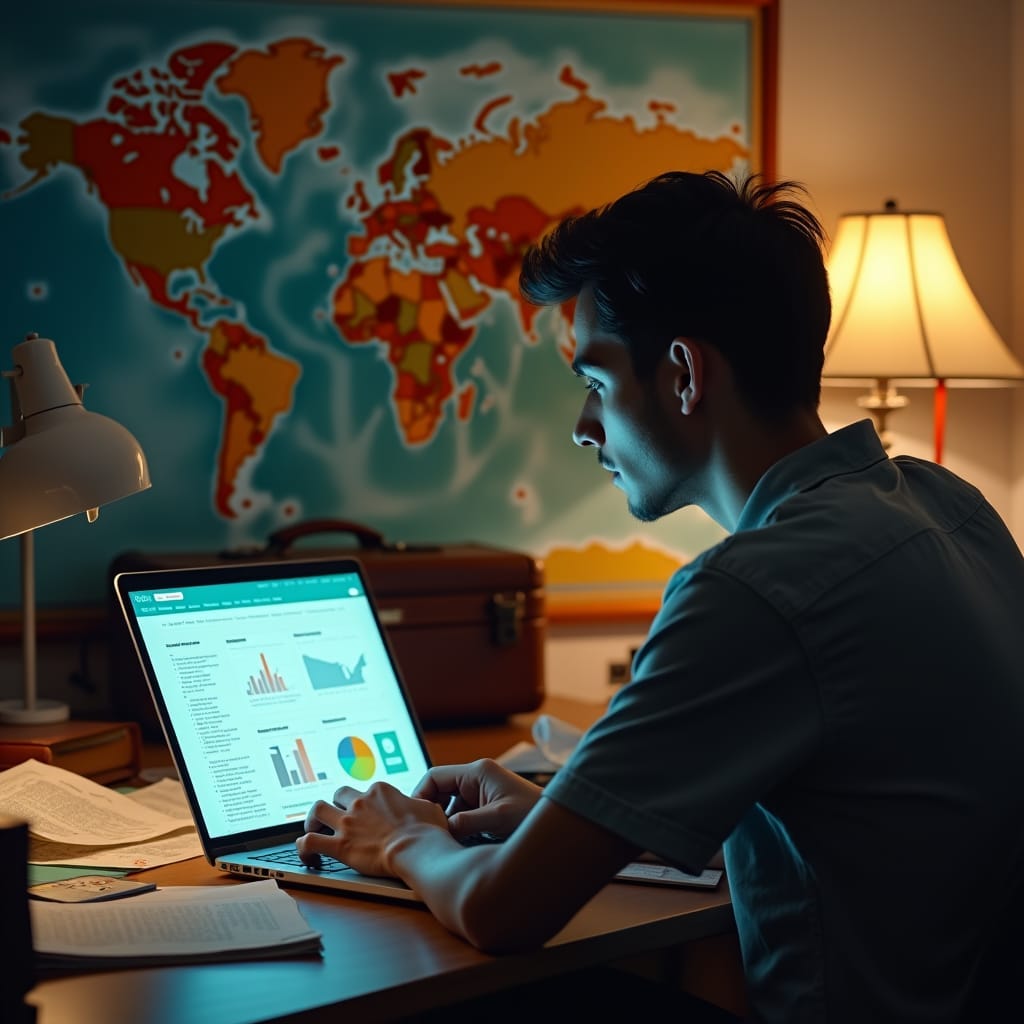 A young professional, dressed in casual attire, sits at a cluttered desk, surrounded by scattered papers, crumpled maps