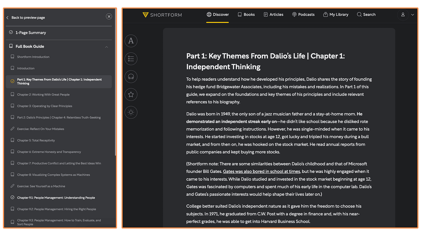 Shortform’s summary of the book Principles (desktop view + dark mode) Shortform’s summary of the book Principles (desktop view + dark mode)
