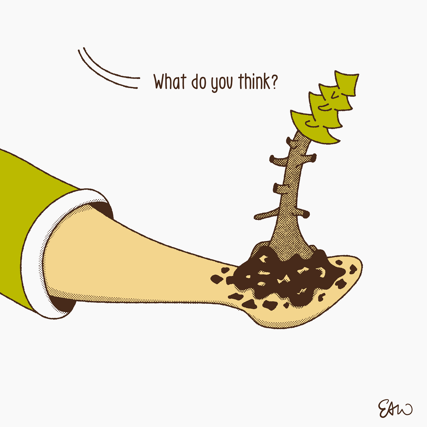 Panel 2 of 3 of a cartoon showing a closeup of an outstretched hand holding a tiny pine tree sappling in the palm of the hand. The caption reads what do you think?