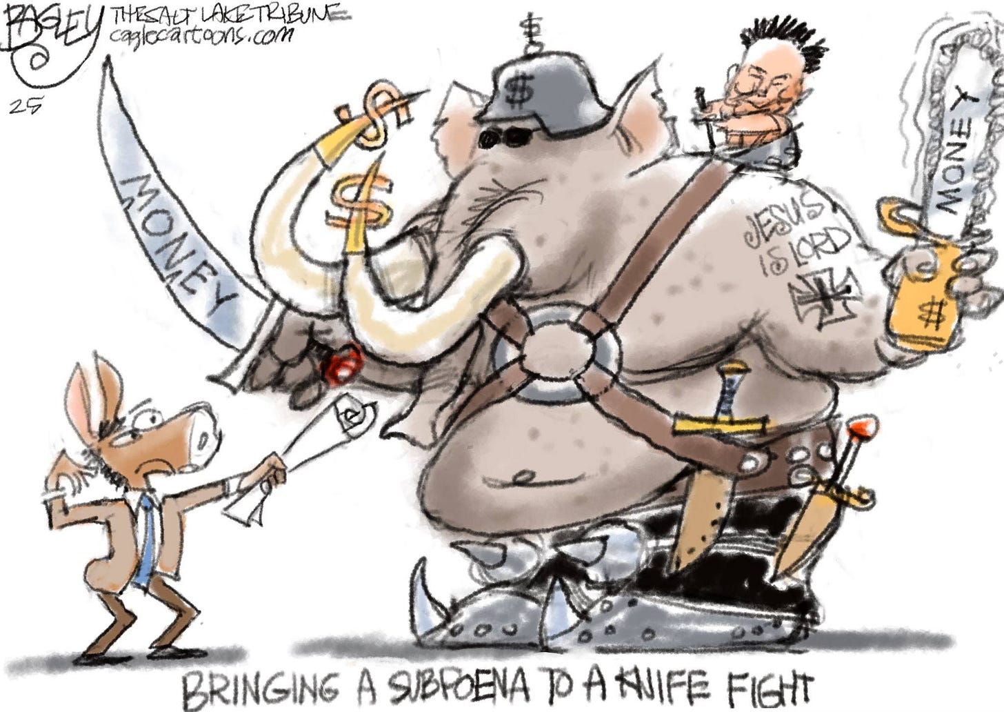 May be a doodle of elephant and text that says 'Pay THESALT LAKETRIBUNE caglecartoons.cor cazleca com 25 X INOW MONEY JESUS ISLORD 1စ် 平 # BRINGING A SUBPOENA To PANIFE FIGHT'