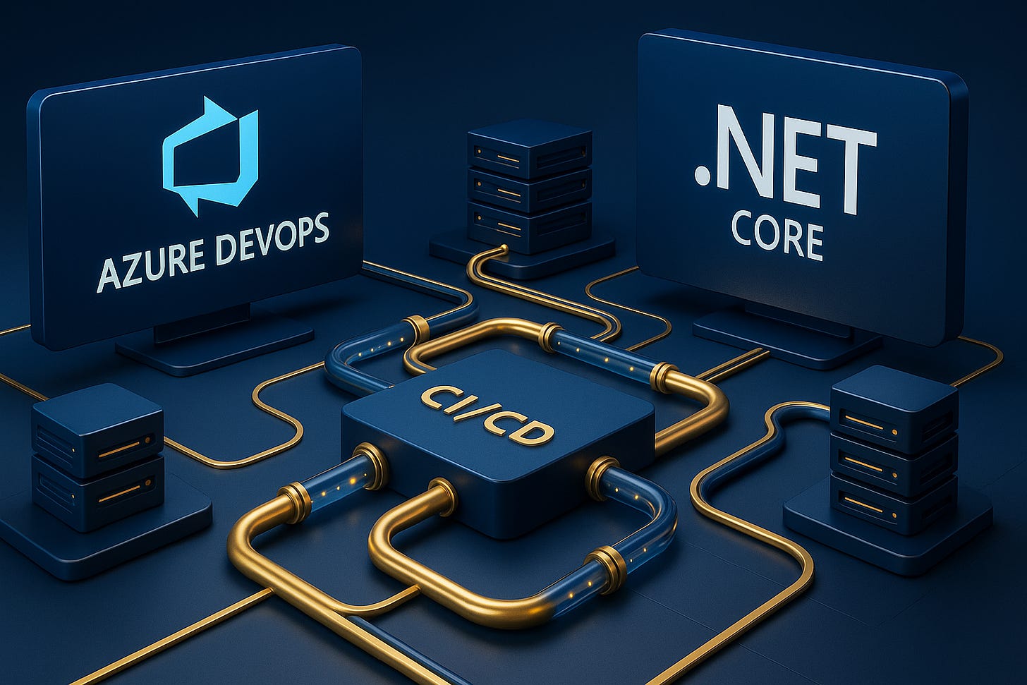 CI/CD pipeline with Azure DevOps and .NET Core in a sleek 3D tech setup. CI/CD pipeline with Azure DevOps and .NET Core in a sleek 3D tech setup.