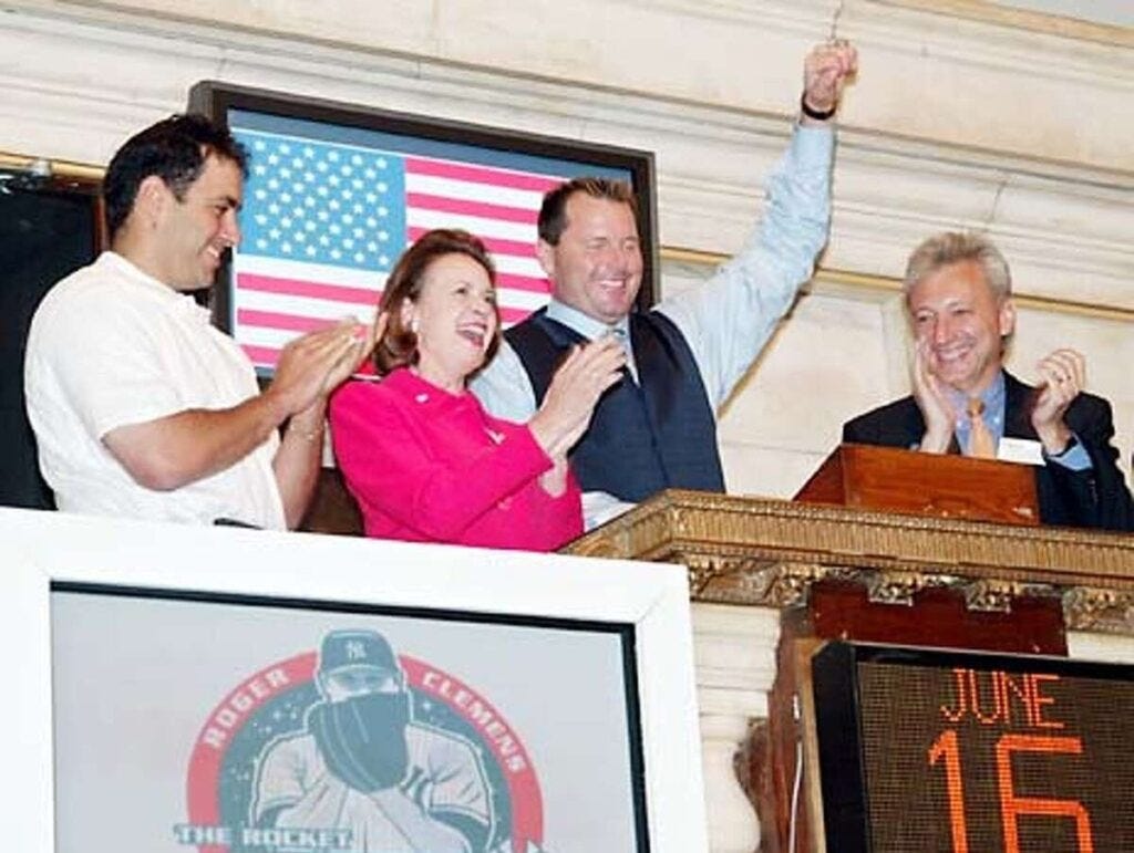 Ken Jowdy and Roger Clemens rang the New York Stock Exchange bell together in 2003.