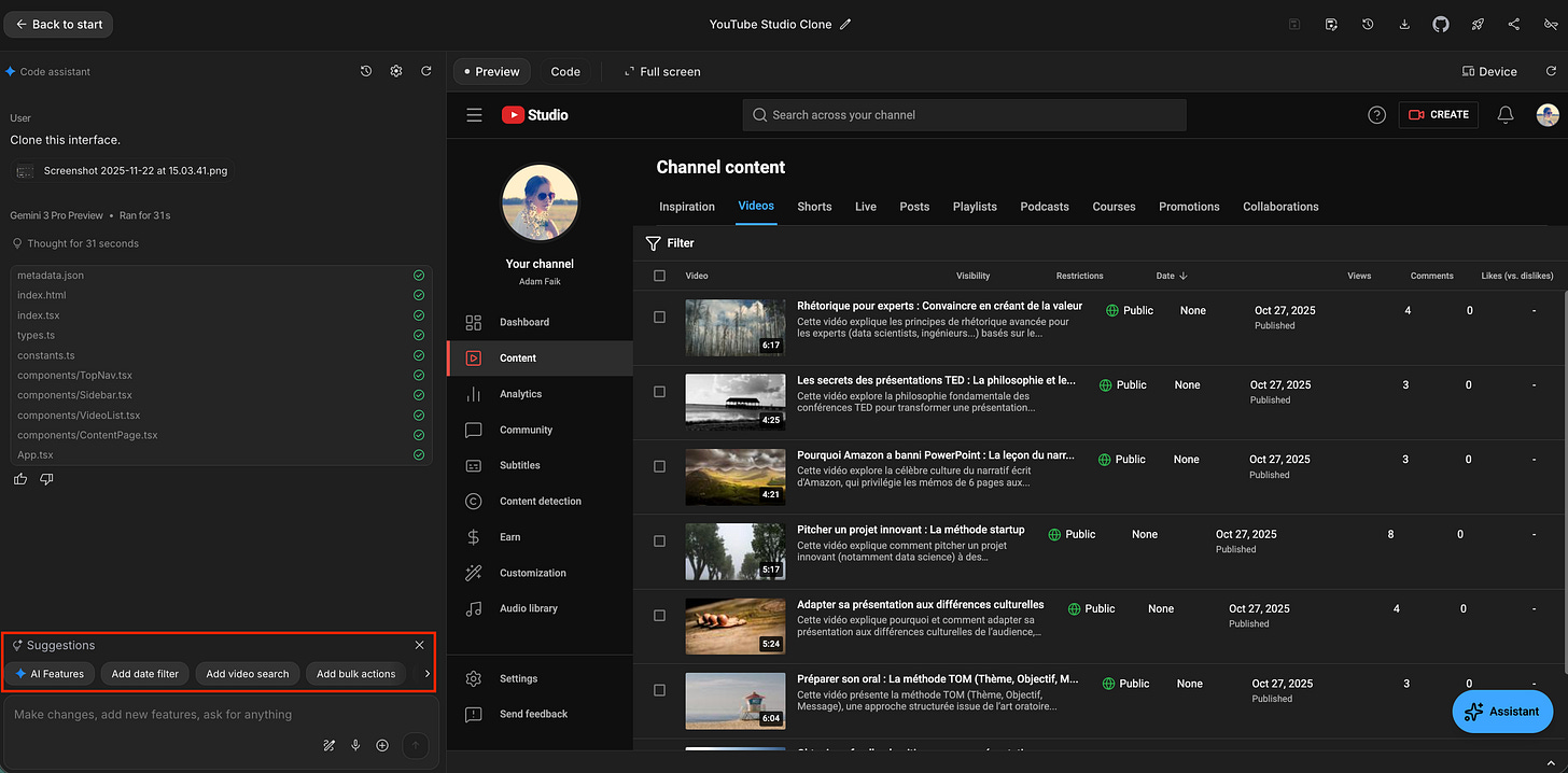 A screenshot focusing on the bottom-left suggestions bar in Google AI Studio, offering actions like ‘AI Features’, ‘Add date filter’, and ‘Add bulk actions’.