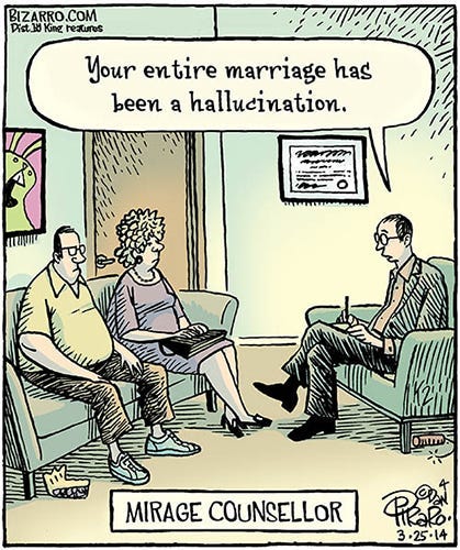 Comic of a middle-aged couple sitting on a love seat facing a couples therapist in his office. He says to them, “Your entire marriage has been a hallucination.” The caption below reads: Mirage Counsellor.