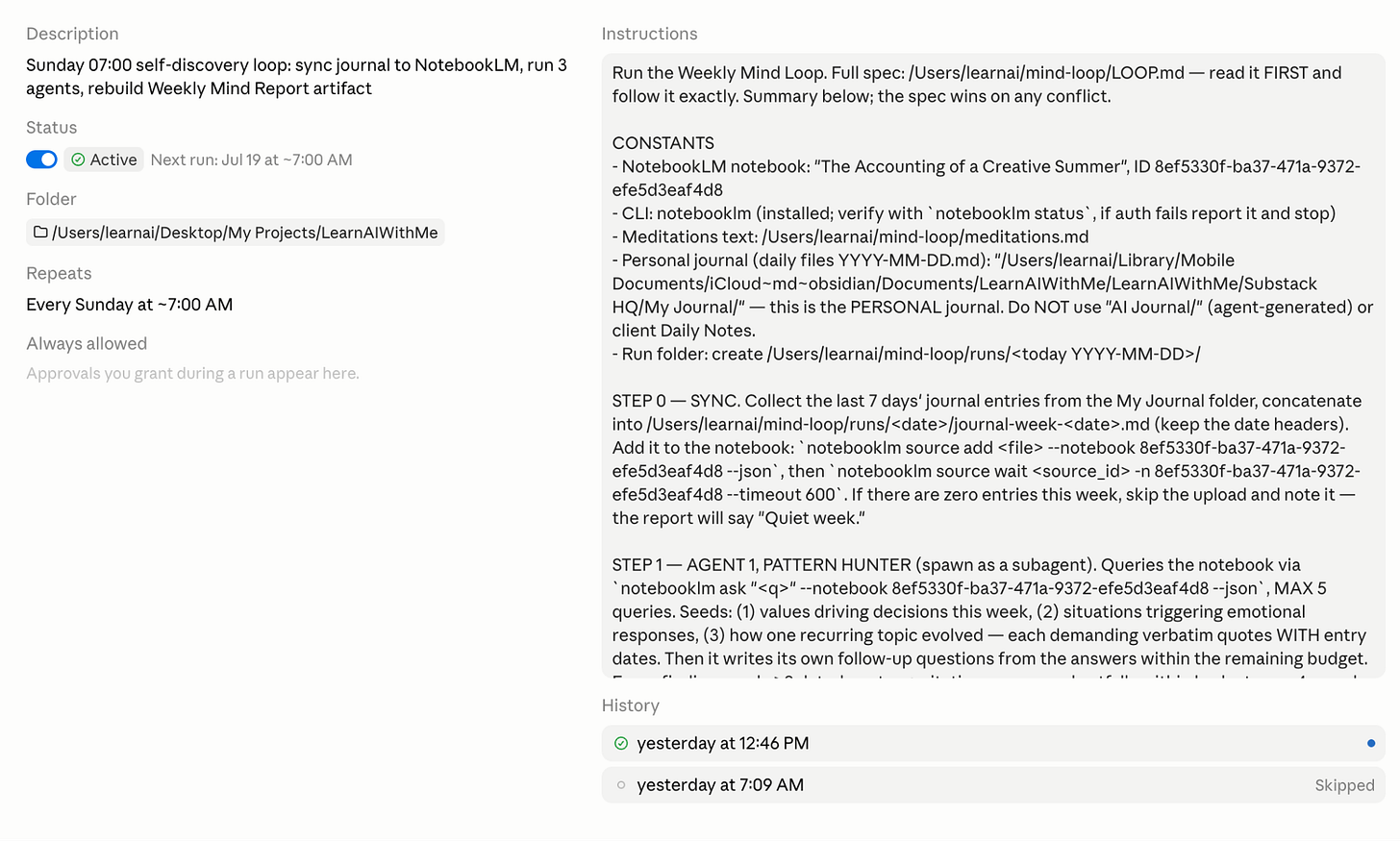 Weekly Claude Code routine that syncs a journal to NotebookLM and runs three reflection agents.