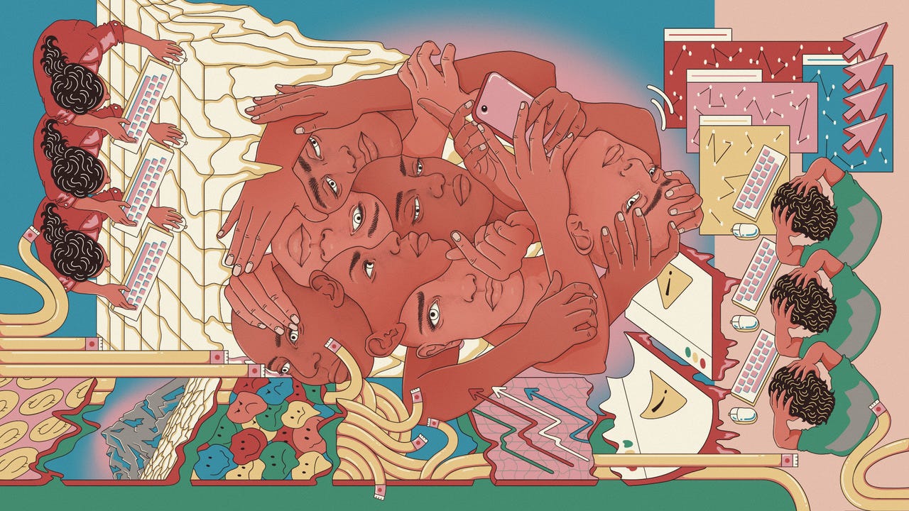 A brightly coloured illustration which can be viewed in any direction. It has several scenes within it: people in front of computers seeming stressed, a number of faces overlaid over each other, squashed emojis and other motifs. A brightly coloured illustration which can be viewed in any direction. It has several scenes within it: people in front of computers seeming stressed, a number of faces overlaid over each other, squashed emojis and other motifs.