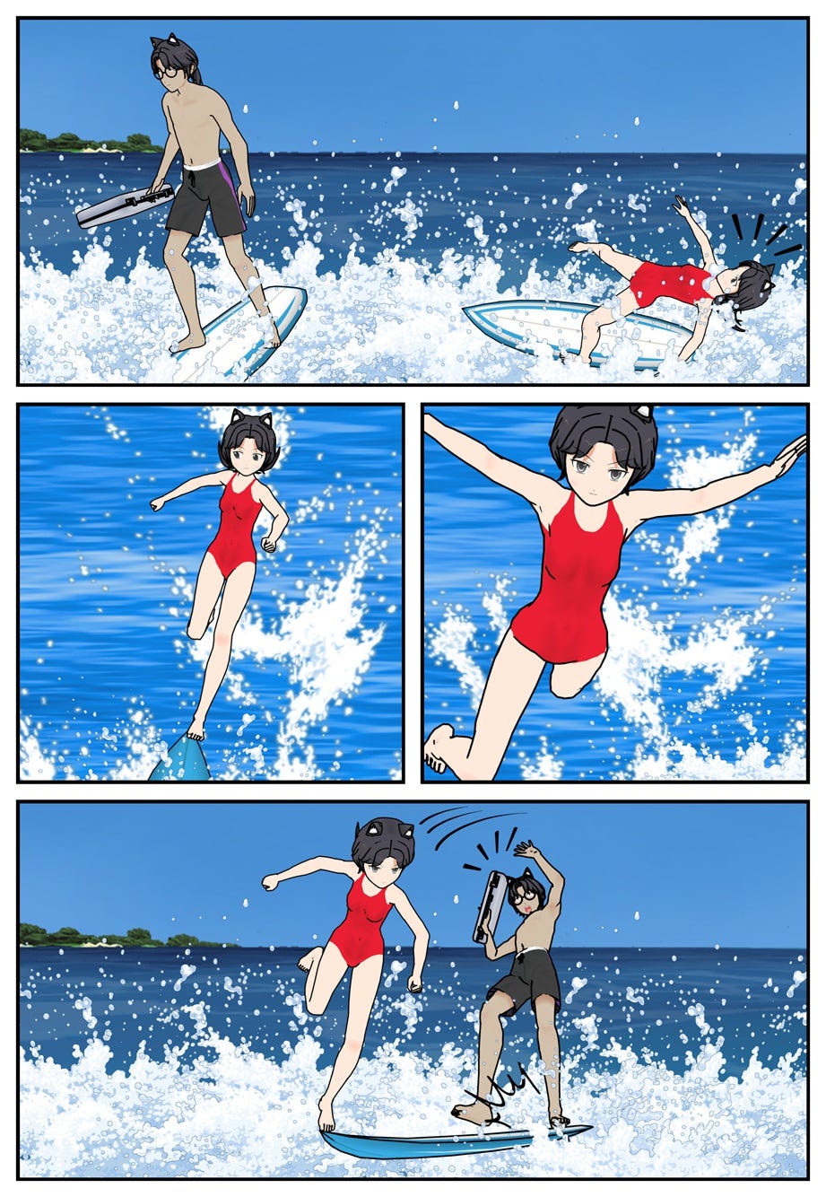 Ruff and Rae catch a wave, Rae's board wipes out, and she jumps away from it and onto the front of Ruff's board. 