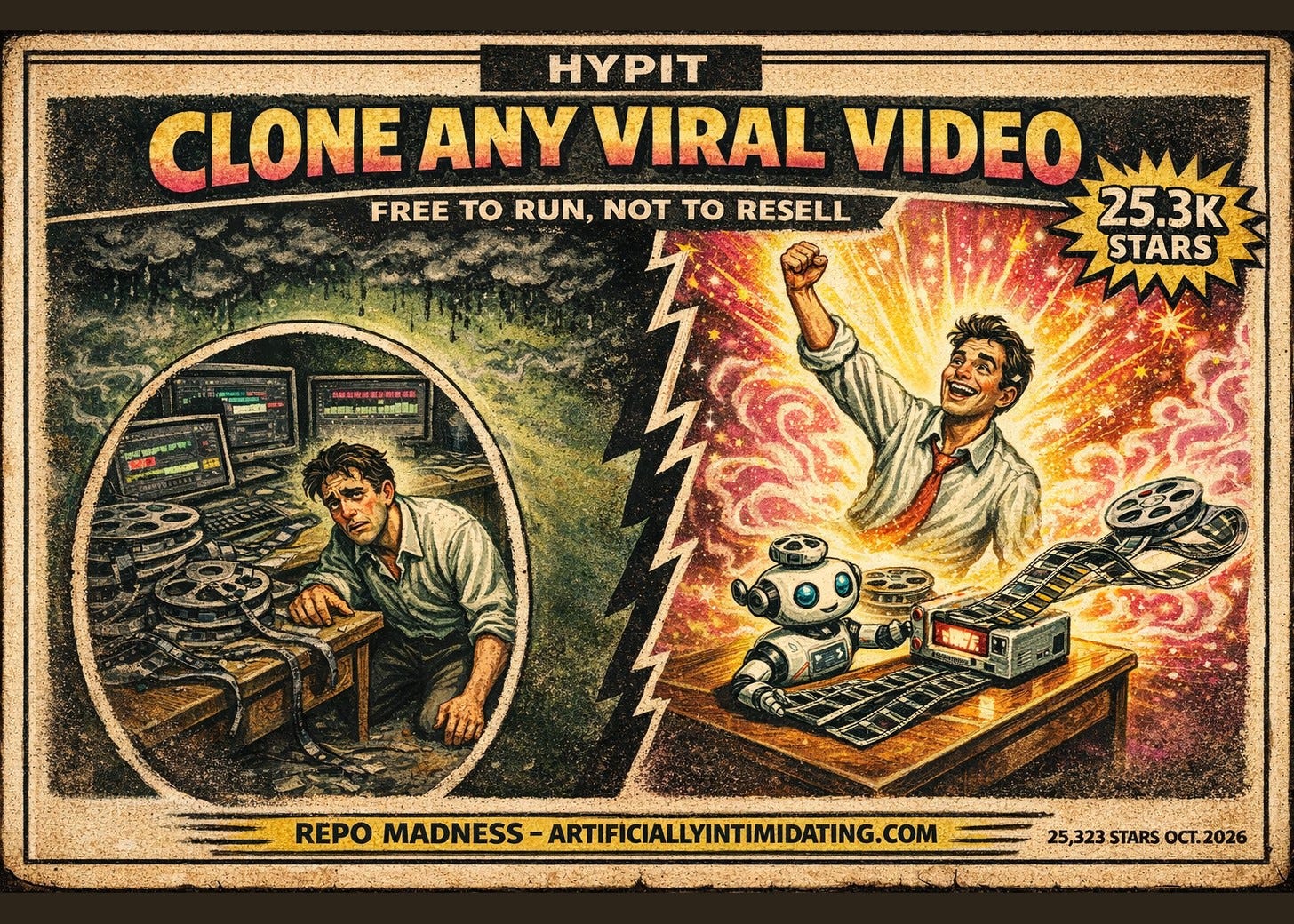Two-panel retro poster split by a lightning bolt. Left: an exhausted editor slumped over a desk of tangled film reels. Right: a cheering man beside a small robot feeding film strips from a machine. Reads HYPIT, CLONE ANY VIRAL VIDEO.