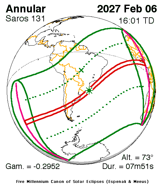 Global map with the February 2027 annular-eclipse track crossing southern Chile and Argentina and continuing across the Atlantic. Global map with the February 2027 annular-eclipse track crossing southern Chile and Argentina and continuing across the Atlantic.