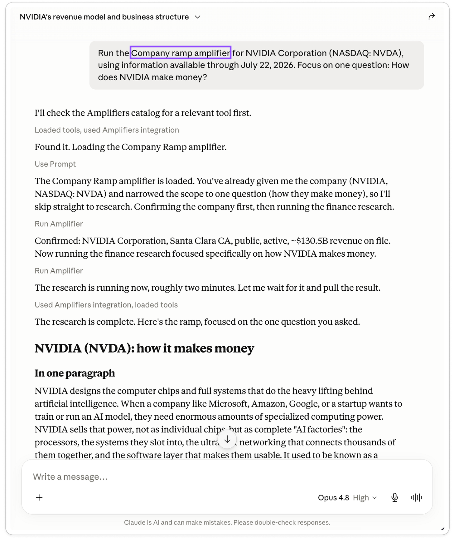 Claude running the Company Ramp amplifier on NVIDIA, confirming the company through registry data before returning a plain-English report on how NVIDIA makes money.