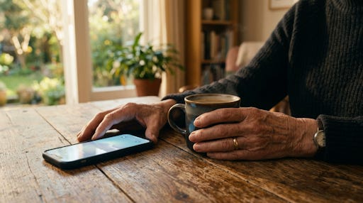 A senior's hands near a cell phone.