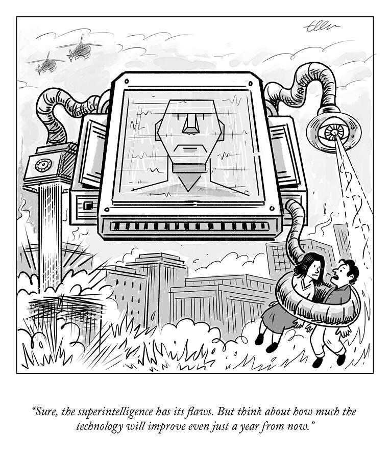 A cartoon illustrating the concept of superintelligence with a large robotic machine interacting with humans, highlighting both flaws and future potential of AI technology A cartoon illustrating the concept of superintelligence with a large robotic machine interacting with humans, highlighting both flaws and future potential of AI technology