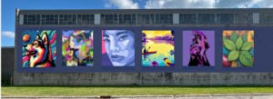 A vibrant mural featuring six panels: a colorful dog, abstract shapes, a woman's face, a canoe scene, a hand with birds, and lush green leaves with berries. Cloudy sky above.
