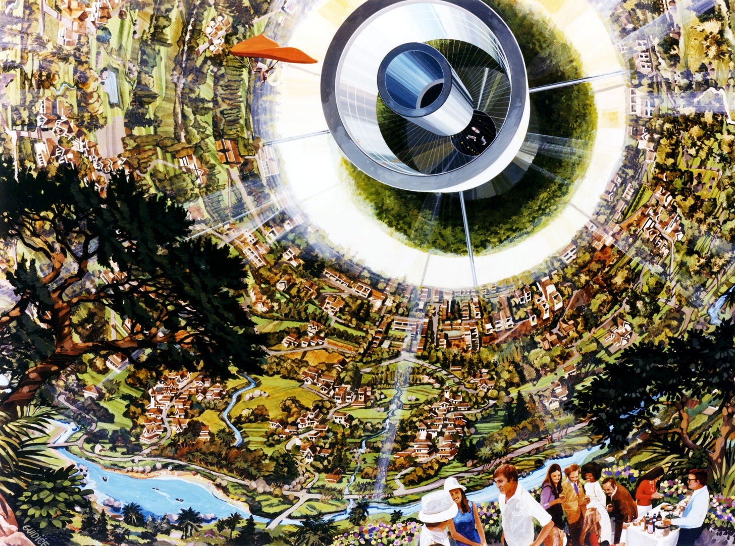 1970s NASA painting of the inside of a Bernal sphere space colony: villages, farms and a river curving up the inner wall, people at a cafe in the foreground 1970s NASA painting of the inside of a Bernal sphere space colony: villages, farms and a river curving up the inner wall, people at a cafe in the foreground