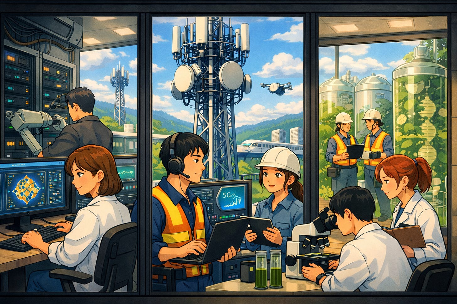 Ghibli multi-pane tech infrastructure scene with indoor technicians in foreground and outdoor hardhat technicians visible through window