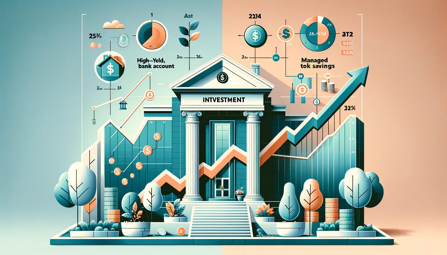 Illustration representing a beginner's investment portfolio for 2024, without any text. The image should visually divide into two halves. One half illustrates a high-yield, no-fee bank account: depict a sleek, modern bank building with a graph showing upward growth, symbolizing investment growth. The other half represents managed stock savings: show a dynamic stock market graph and symbols like rising arrows, stock tickers, and miniature stock certificates. The overall style should be clean, modern, and visually engaging, conveying financial growth and investment, suitable for a finance-themed publication.