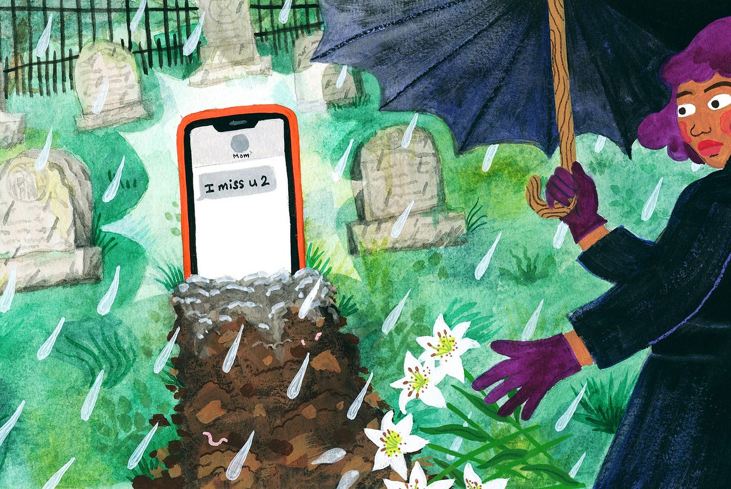 An illustration shows a woman visiting a cemetery in the rain. She is wearing black, carrying an open umbrella, and dropping a handful of flowers in surprise. The headstone of her loved one has been replaced by an oversized cellphone with a text message that reads “I miss u 2.” An illustration shows a woman visiting a cemetery in the rain. She is wearing black, carrying an open umbrella, and dropping a handful of flowers in surprise. The headstone of her loved one has been replaced by an oversized cellphone with a text message that reads “I miss u 2.”