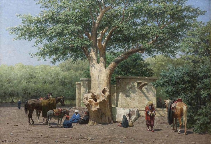 'De put en de oude Sycomoor op het Ezbekiëhplein te Caïro' - olieverf op doek: Willem de Famars Testas (herkomst: coll. Teylers Museum, Haarlem) 'De put en de oude Sycomoor op het Ezbekiëhplein te Caïro' - olieverf op doek: Willem de Famars Testas (herkomst: coll. Teylers Museum, Haarlem)