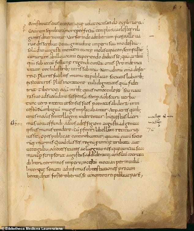 The Annals, written by the Roman historian Tacitus around 91AD, begins with the death of Emperor Augustus in 14AD and finishes with Nero's suicide 54 years later