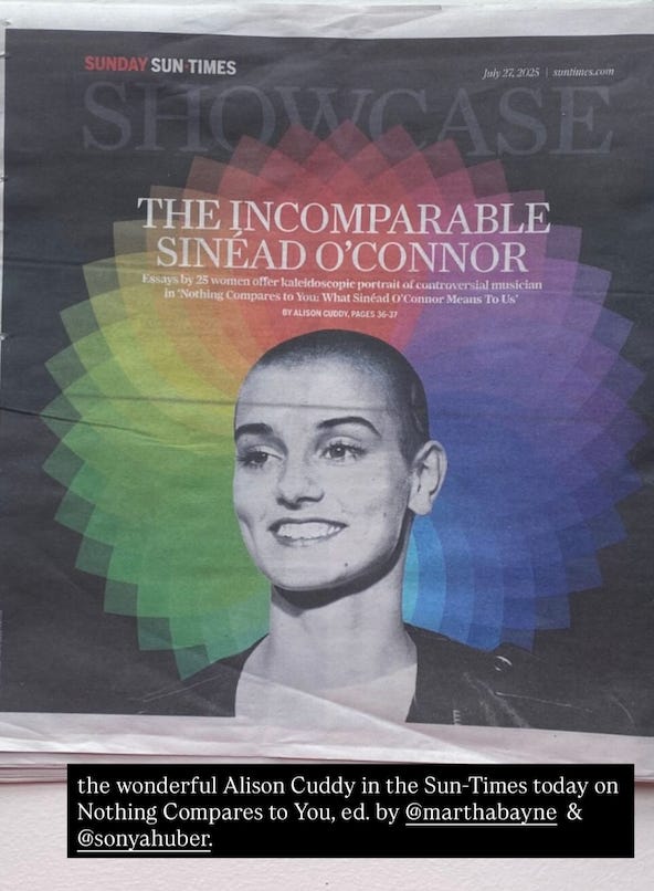 Top two pics are me on stage with Nalini Jones and Sharbari Ahmed, with book cover in the background, bottom left is a shot of me on WGN witha headshot of Sinéad, and the bottom right is a beautiful cover of Chicago Sun Times art section with Sinéad smiling, wreathed in a colorful halo
