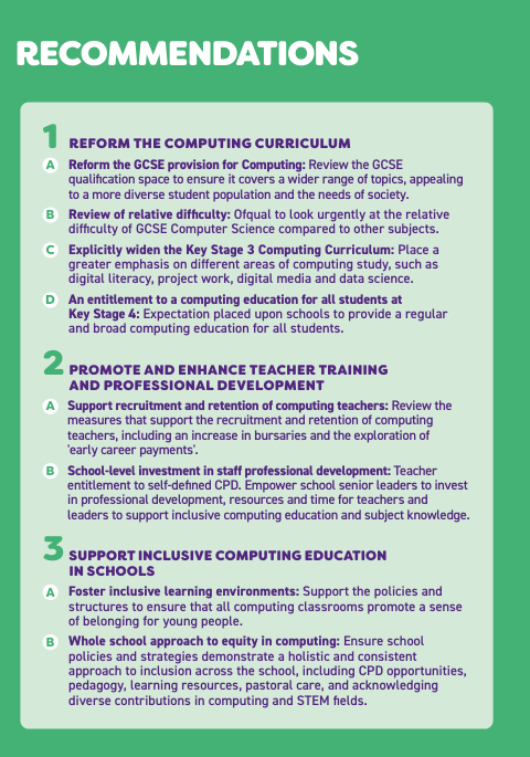 List of six recommendations from THE FUTURE OF COMPUTING EDUCATION report List of six recommendations from THE FUTURE OF COMPUTING EDUCATION report