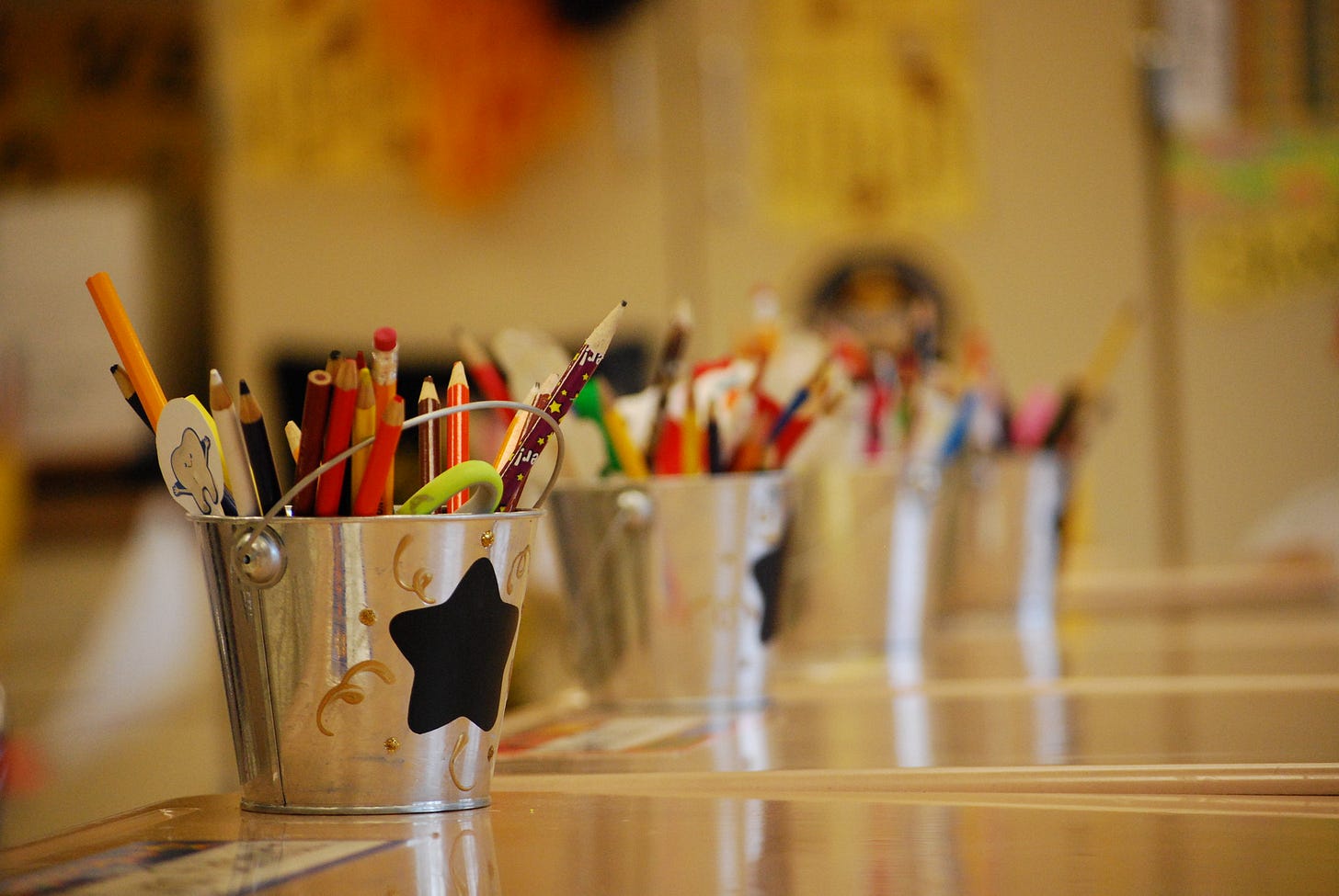 School supplies in buckets School supplies in buckets
