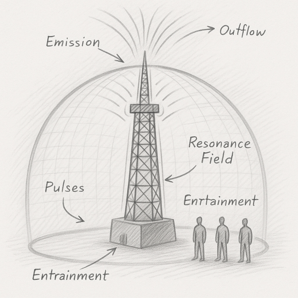 A simple explanatory sketch of a tower inside a domed resonance field. Concentric lines show pulses moving outward. Labels identify elements: “Emission” at the tower top, “Outflow” leaving upward, “Pulses” radiating, “Resonance Field” as a dome, and “Entrainment” linking the humans standing beneath.