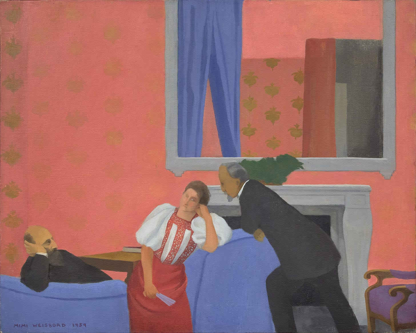 The painting of a parlor with three figures conversing, a victorian scene. The men have pointy beards and give the woman, who is centered, their full attention. She looks bored, leaning her head on her hand and elbow on a chaise lounge. There is a wall-mounted mirror above a fireplace reflecting tall drapes and more of the interior. The painting of a parlor with three figures conversing, a victorian scene. The men have pointy beards and give the woman, who is centered, their full attention. She looks bored, leaning her head on her hand and elbow on a chaise lounge. There is a wall-mounted mirror above a fireplace reflecting tall drapes and more of the interior.