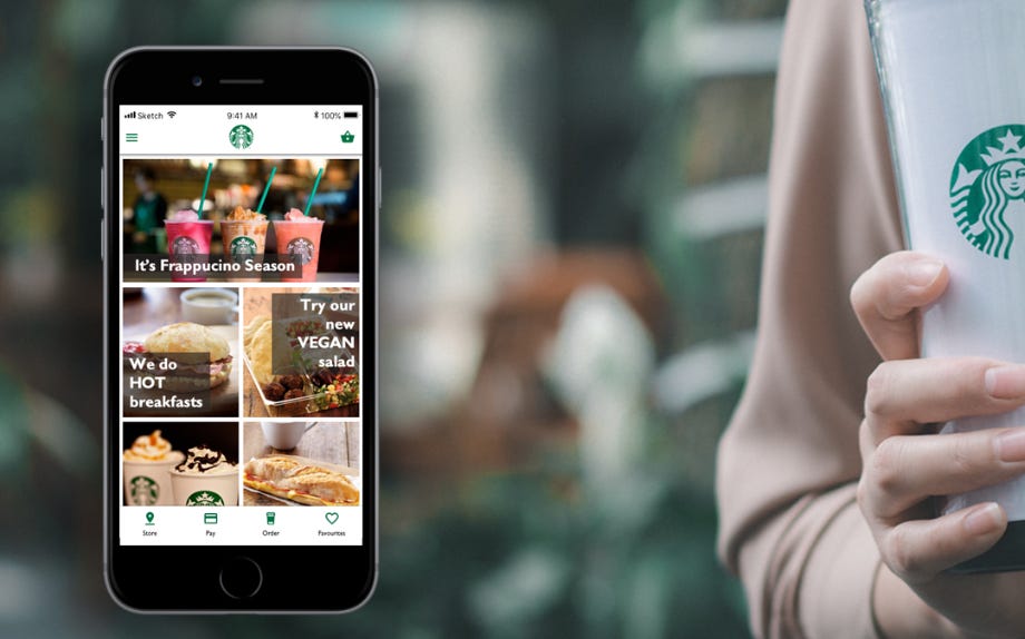 Visual concept of the Starbucks app. Phone screen on the left with tiles to order drinks, brakkie and salads with new navigation at the bottom showing stores, pay, order and favourites.