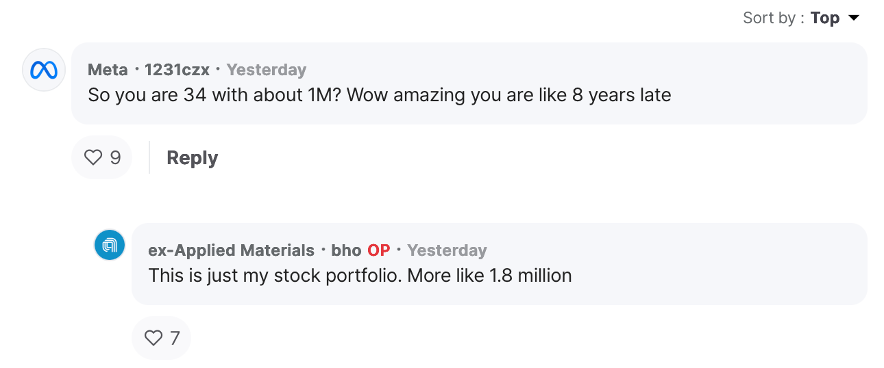 A comment conversation that says: "So you are 34 with about 1M? Wow amazing you are about 8 years late."