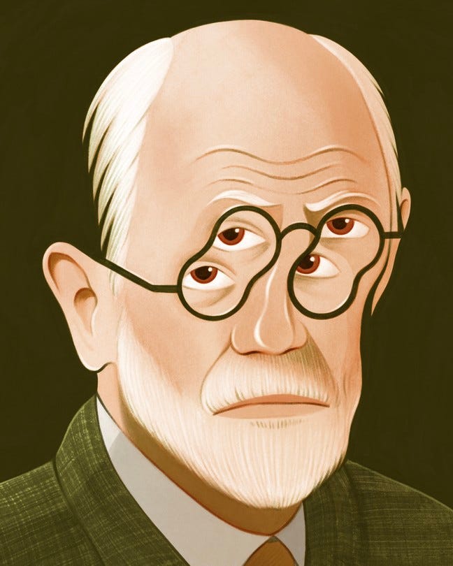 illustration of man with white hair and beard wearing glasses that duplicate two eyes into four
