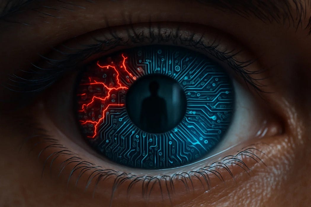 Close-up of a human eye with a cybernetic iris featuring blue circuit board patterns and red electrical interference crackling across one side, symbolizing neurological disruption and the technological rewiring of perception and memory systems. Close-up of a human eye with a cybernetic iris featuring blue circuit board patterns and red electrical interference crackling across one side, symbolizing neurological disruption and the technological rewiring of perception and memory systems.