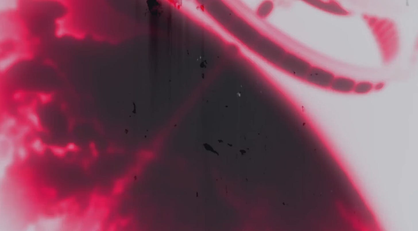 A closeup shot of blurry red circles that may be shallow dishes full of dark red liquid.