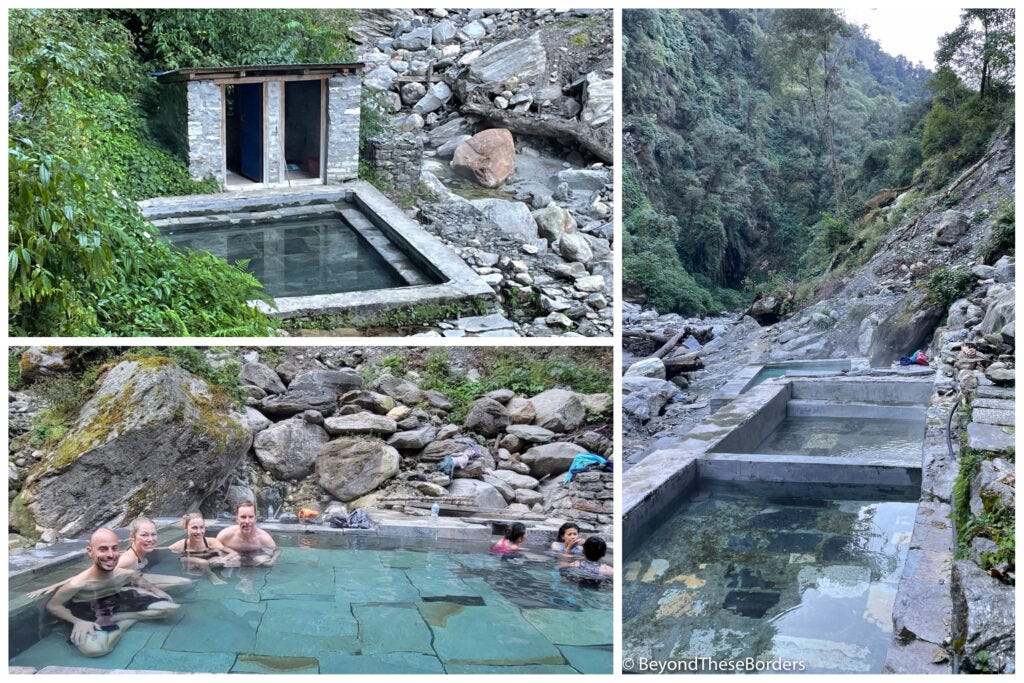 Hot springs. 3 photos.  1:  One concrete pool with simple changing room structure behind it.  Green plants on left side and giant rocks on the right.  2:  View of 3 other concrete pools, rocks around them, green hill beyond.  3:  Us sitting in warm waters of a pool, large rocks behind it.