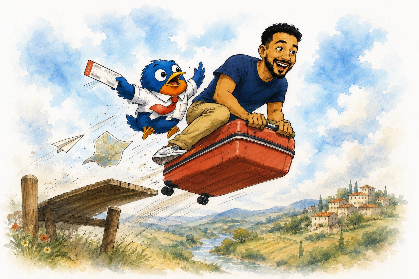 Jesse and the Travel Search Pulse bird launch off a wooden ramp riding a red suitcase, boarding pass in wing, over rolling Tuscan hills. Jesse and the Travel Search Pulse bird launch off a wooden ramp riding a red suitcase, boarding pass in wing, over rolling Tuscan hills.