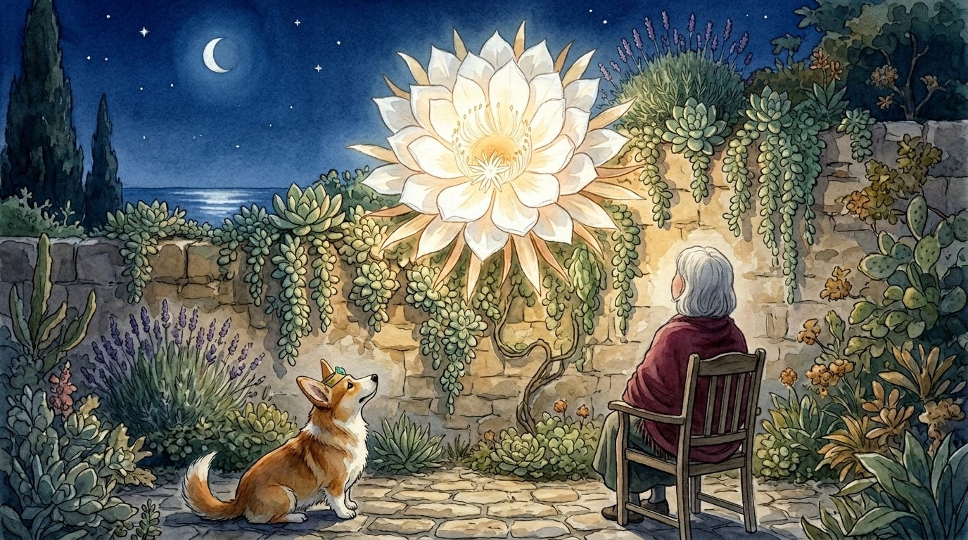 The night-flower opens for Señora Benilde and Prince Freddie at the close of a cozy bedtime sleep story.